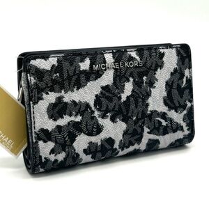 Michael Kors Medium Empire Leopard Logo Snap ZA Wallet Black Multi